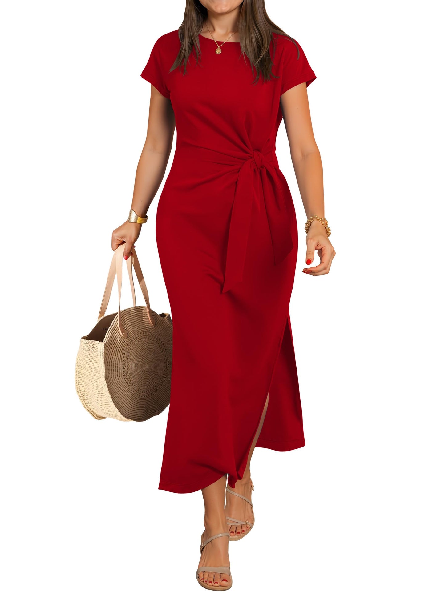 ANRABESS Womens Summer Maxi Dress Casual Crew Neck Tie Waist Split Wrinkle-Free Fit Long Fashion Vacation Dresses 2026 Spring