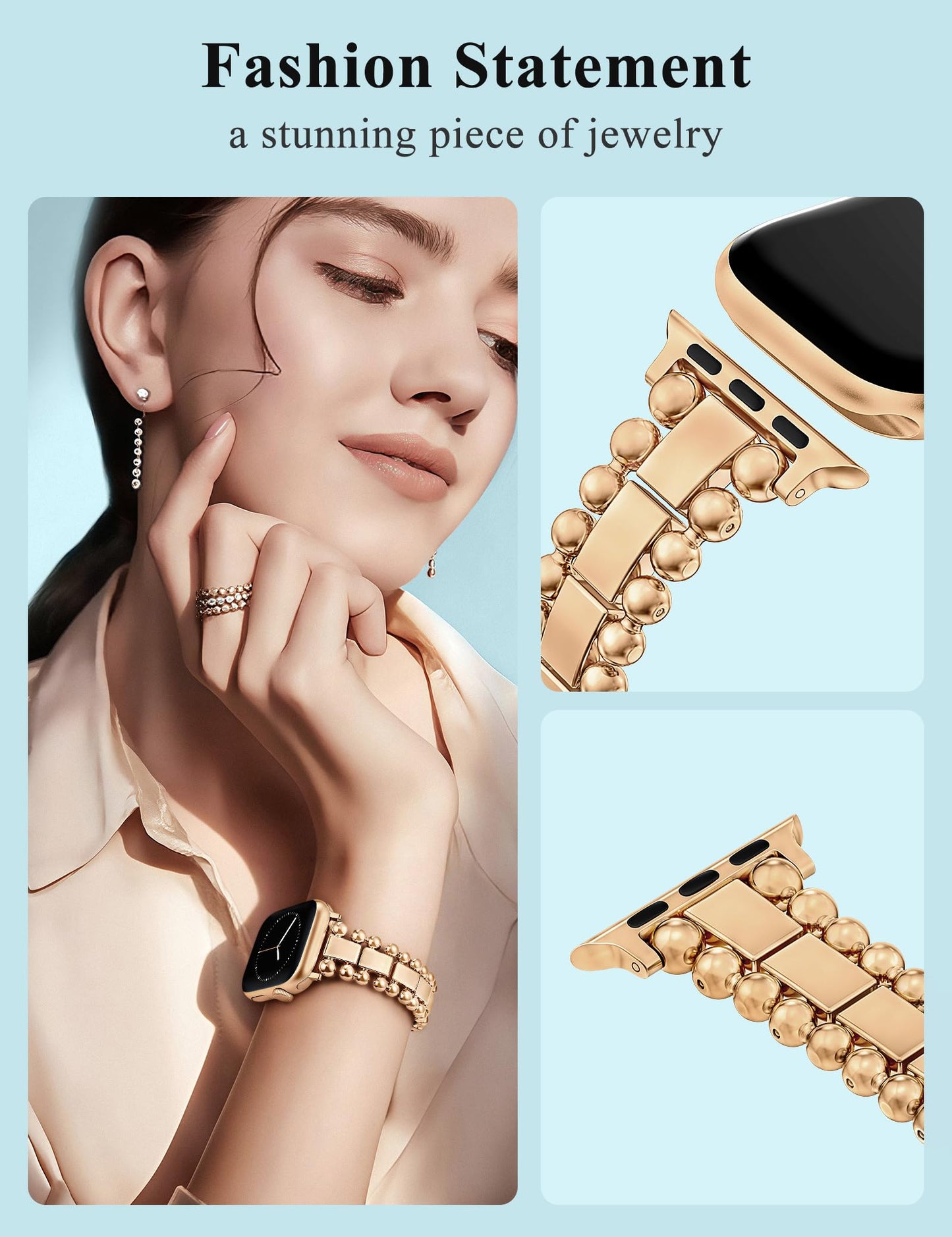 TOYOUTHS Beaded Bracelet Compatible with Apple Watch Bands 38/40/41/42/44/45/46/49mm Women, Dressy Fancy Stainless Steel Metal Elegant Jewelry Strap for iWatch Series 11 10 9 8 7 6 5 4 Ultra/SE 3 2 1