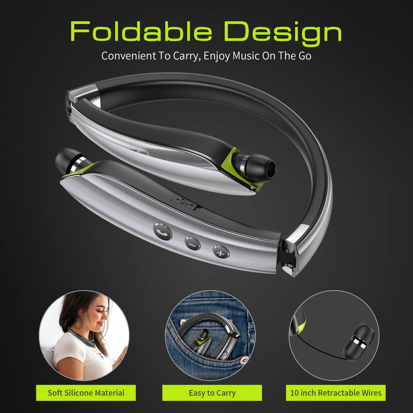 Bluetooth Headset, 2026 Upgraded Neckband Bluetooth Headphones with Retractable Earbuds, Noise Cancelling Stereo Earphones with Mic, Foldable Wireless Headphones for Sports Office w/Carry Case(Black)
