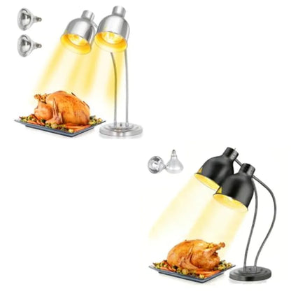 Commercial food warming lamp for restaurant kitchen and buffet use, dual-head 500W electric heating lamp, black and silver fini