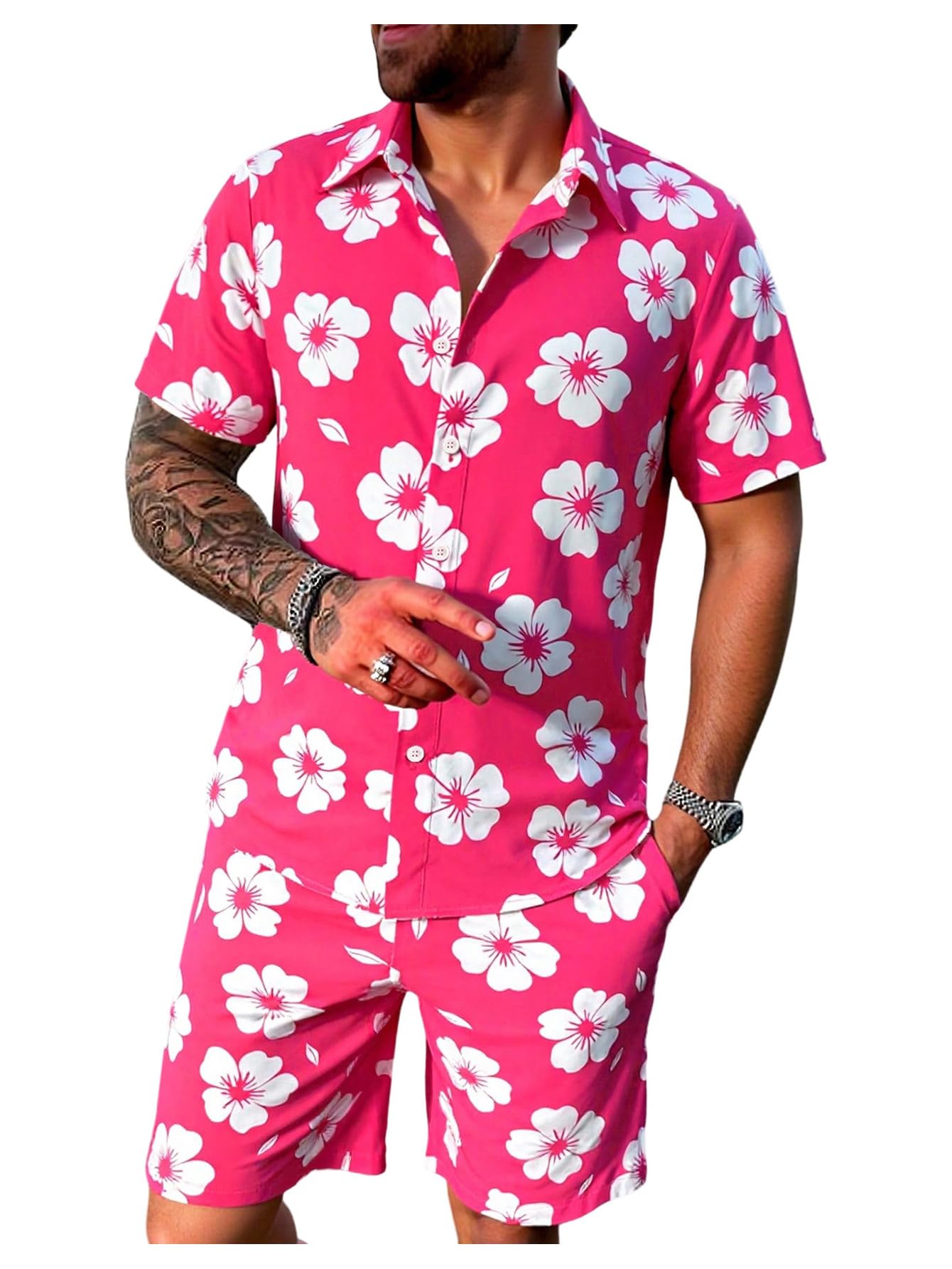 GORGLITTER Men's Vacation Beach Cruise Summer Outfits 2 Piece Shorts Set Hawaiian Button Down Shirt and Shorts