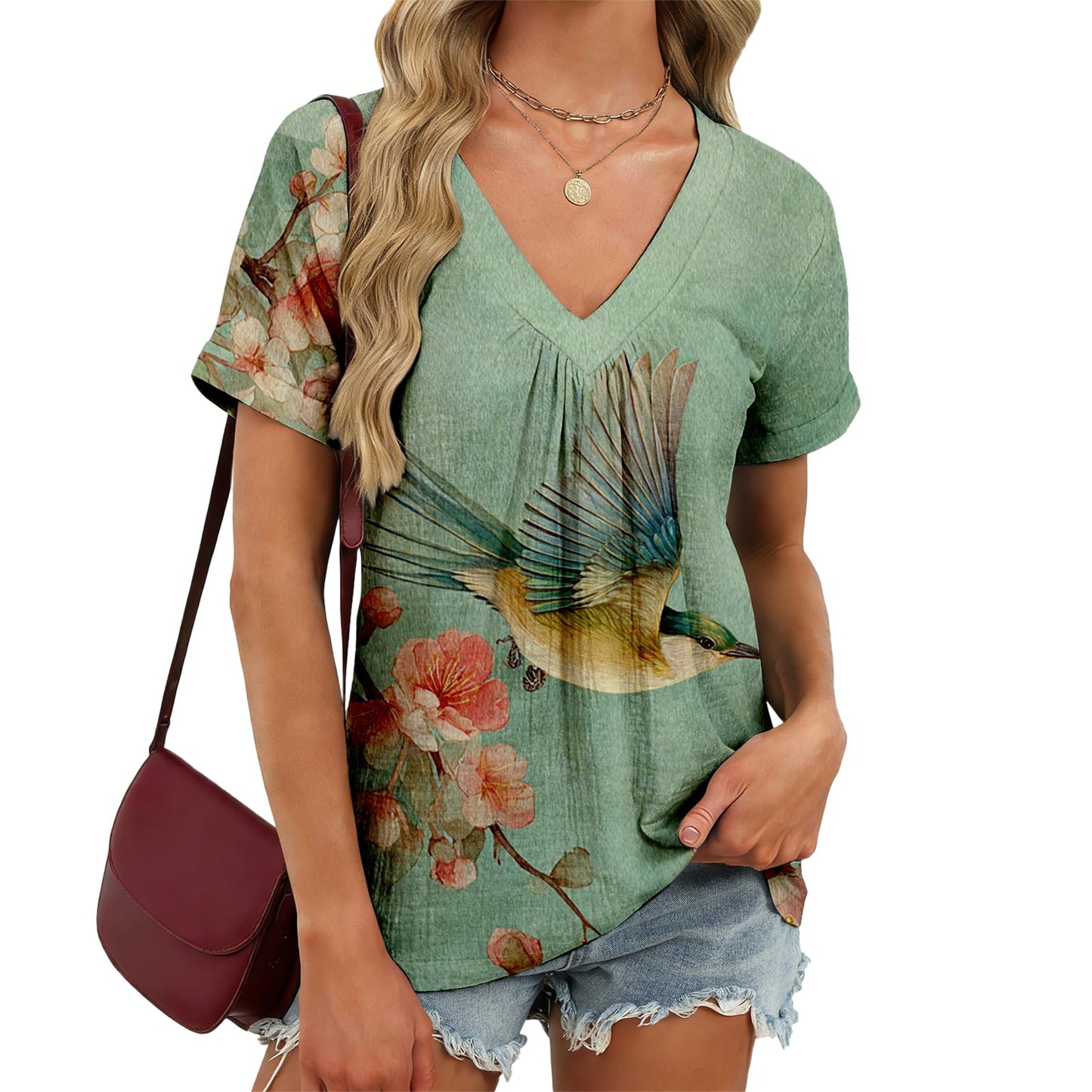 domirica Japanese Print Blouse Women V Neck Short Sleeve Lightweight Breathable Summer Casual Soft Comfy Tops 2026