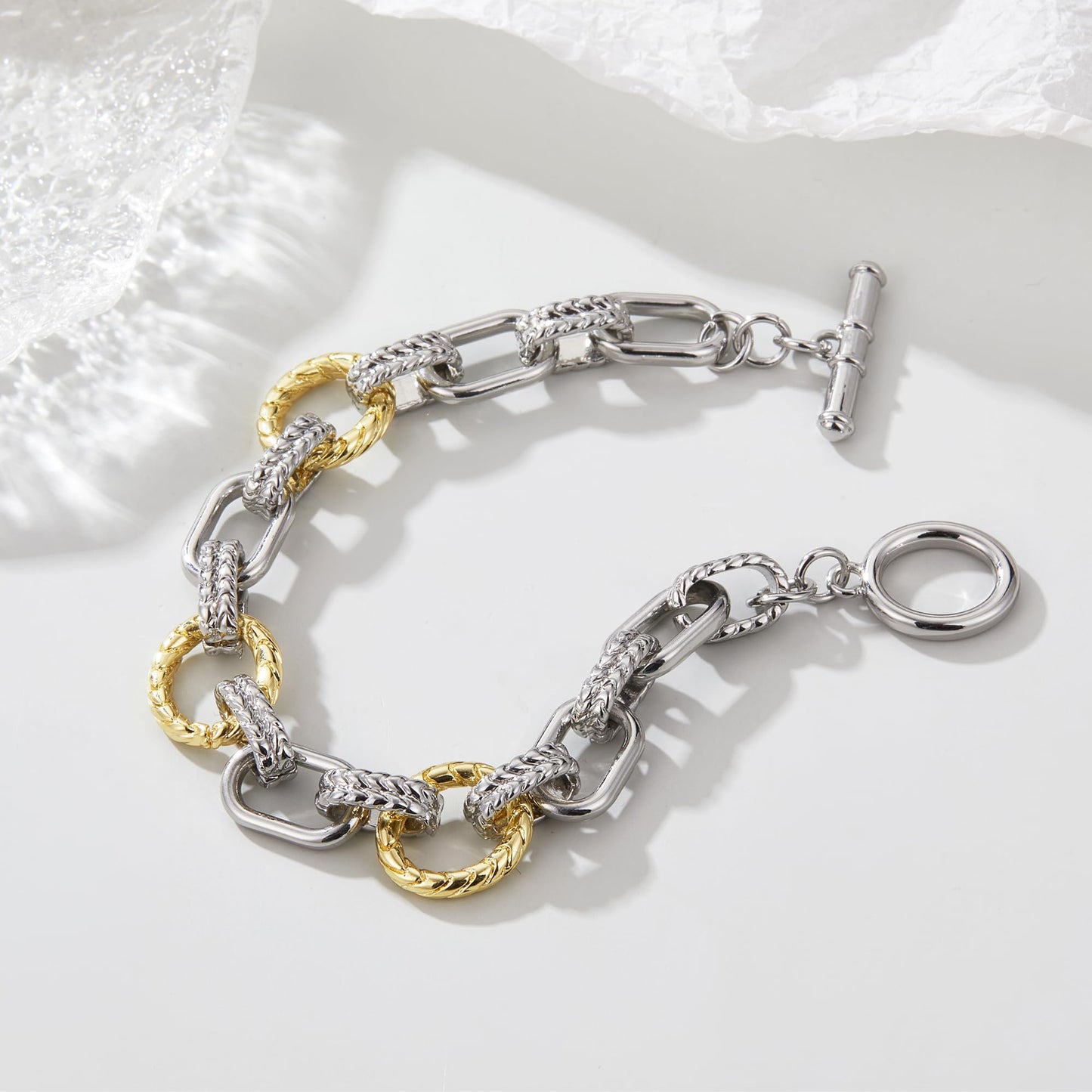 Mytys Chunky Chain Link Bracelet Two-Tone Mixed Metal Textured Toggle Clasp Statement Bangle Bracelet Jewelry for Women Fashion