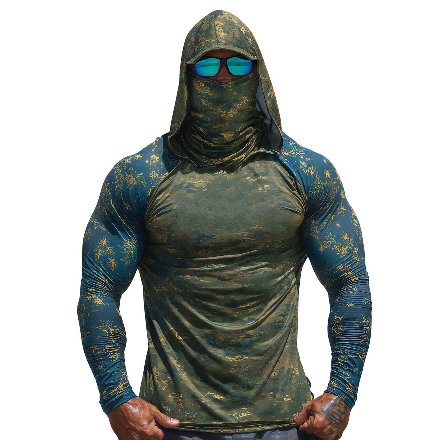 Sun Protection Shirts for Men UPF 100+ Long Sleeve Hoodie with Mask Shirts | Camouflage Outdoor Fishing Tees Cooling Raglan Shirts