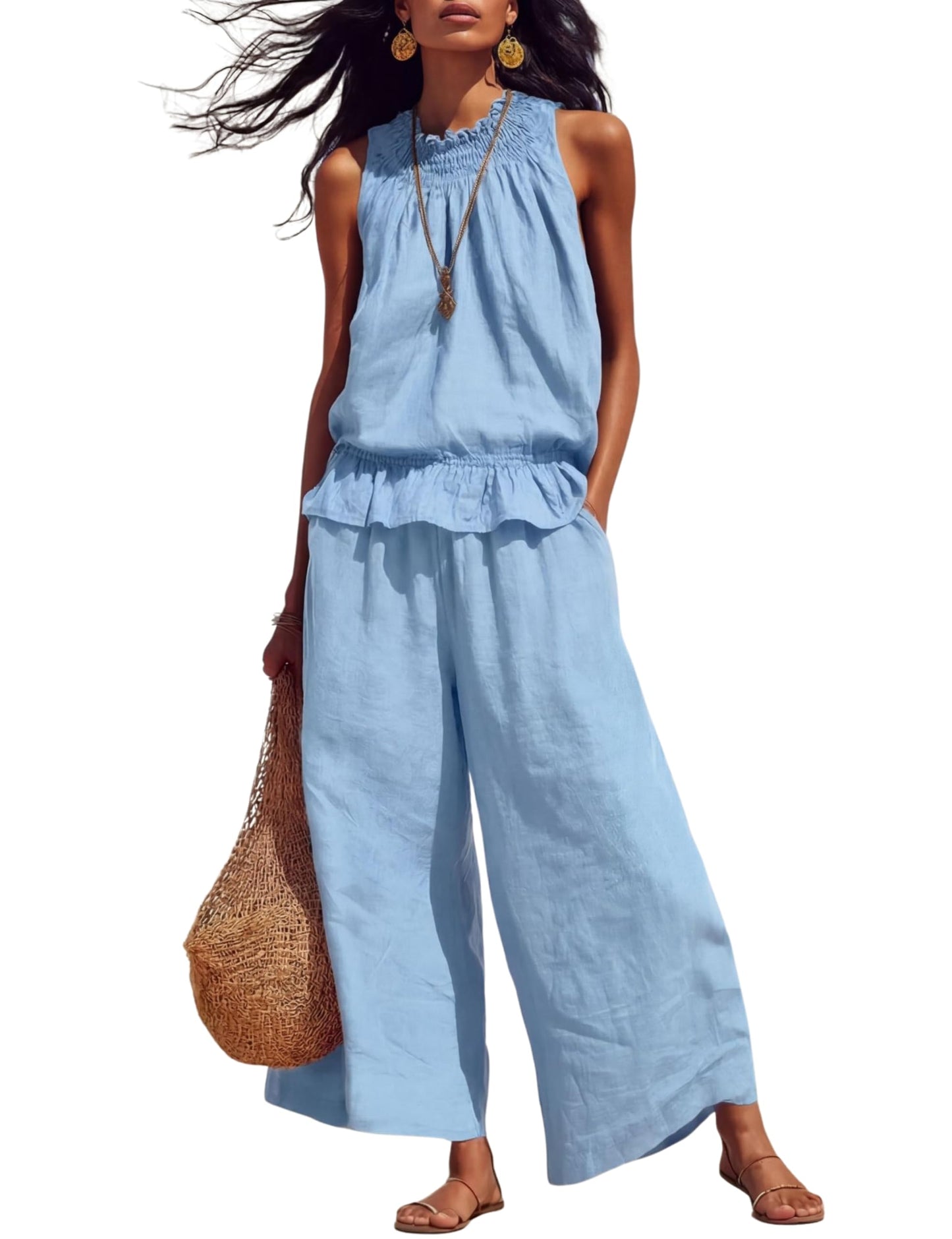 Tanming Women's Linen 2 Piece Outfits Sleeveless Ruffle Top Wide Leg Pants Summer Loungewear Beach Travel Sets