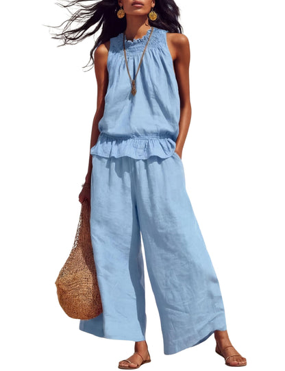 Tanming Women's Linen 2 Piece Outfits Sleeveless Ruffle Top Wide Leg Pants Summer Loungewear Beach Travel Sets