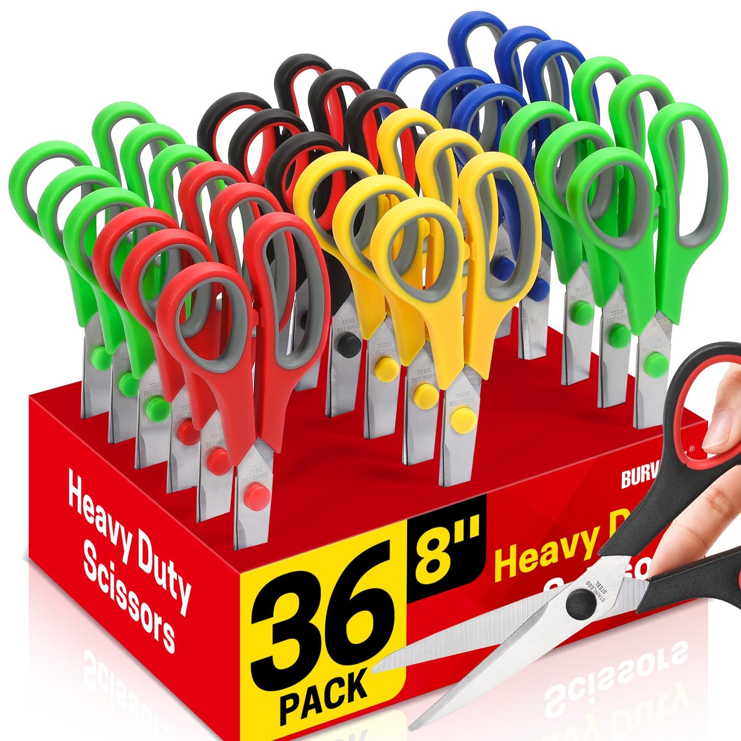BURVAGY 8" 10 Pack All Purpose Heavy Duty Scissors- Comfort-Grip Sharp Scissors for Office School Sewing Fabric Craft High/Middle School Student Teacher Scissor, Right/Left Hand