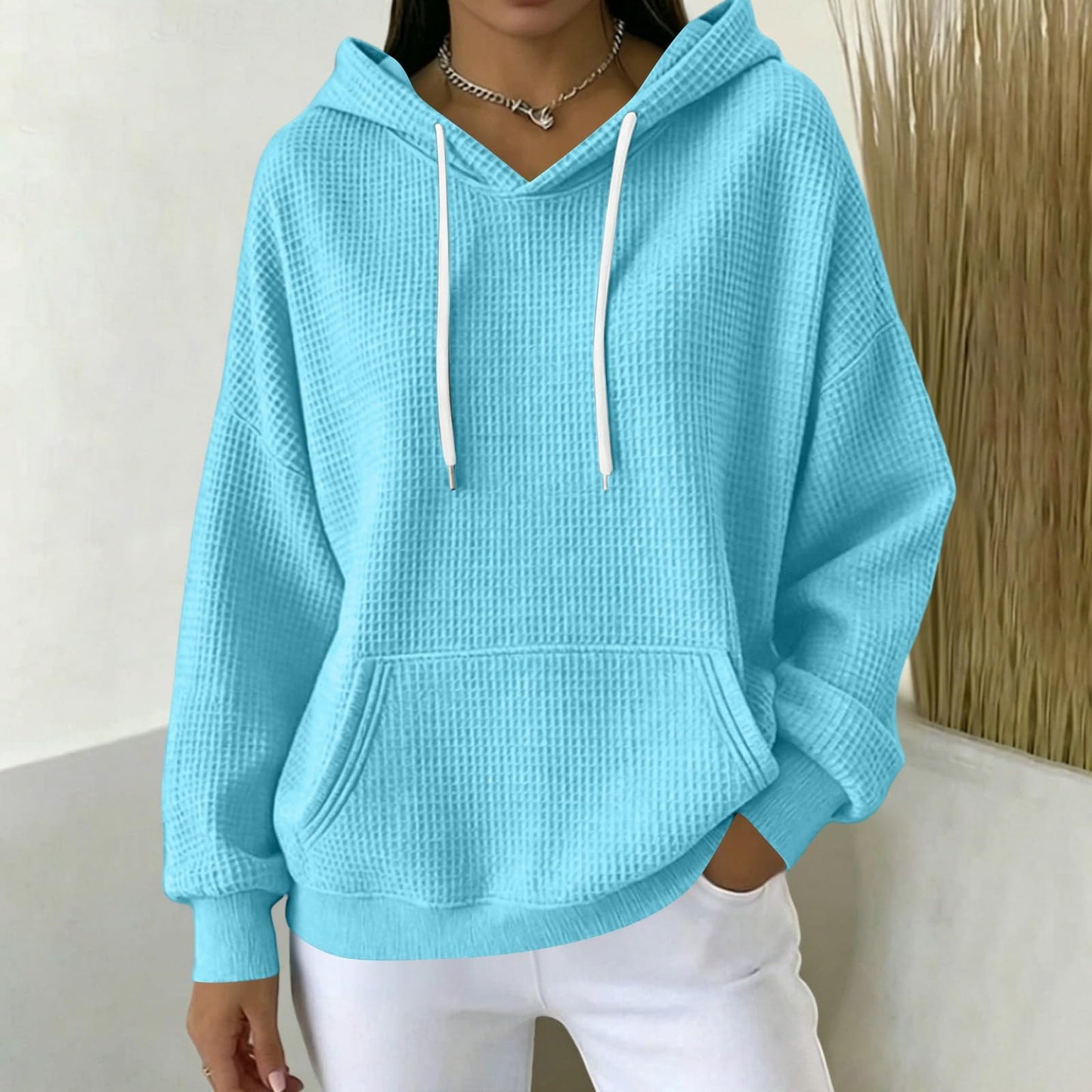 Women Casual Waffle Grid Textured Pullover Hoodie Contrast Drawstring Pocket Loose Long Sleeve Sweatshirts