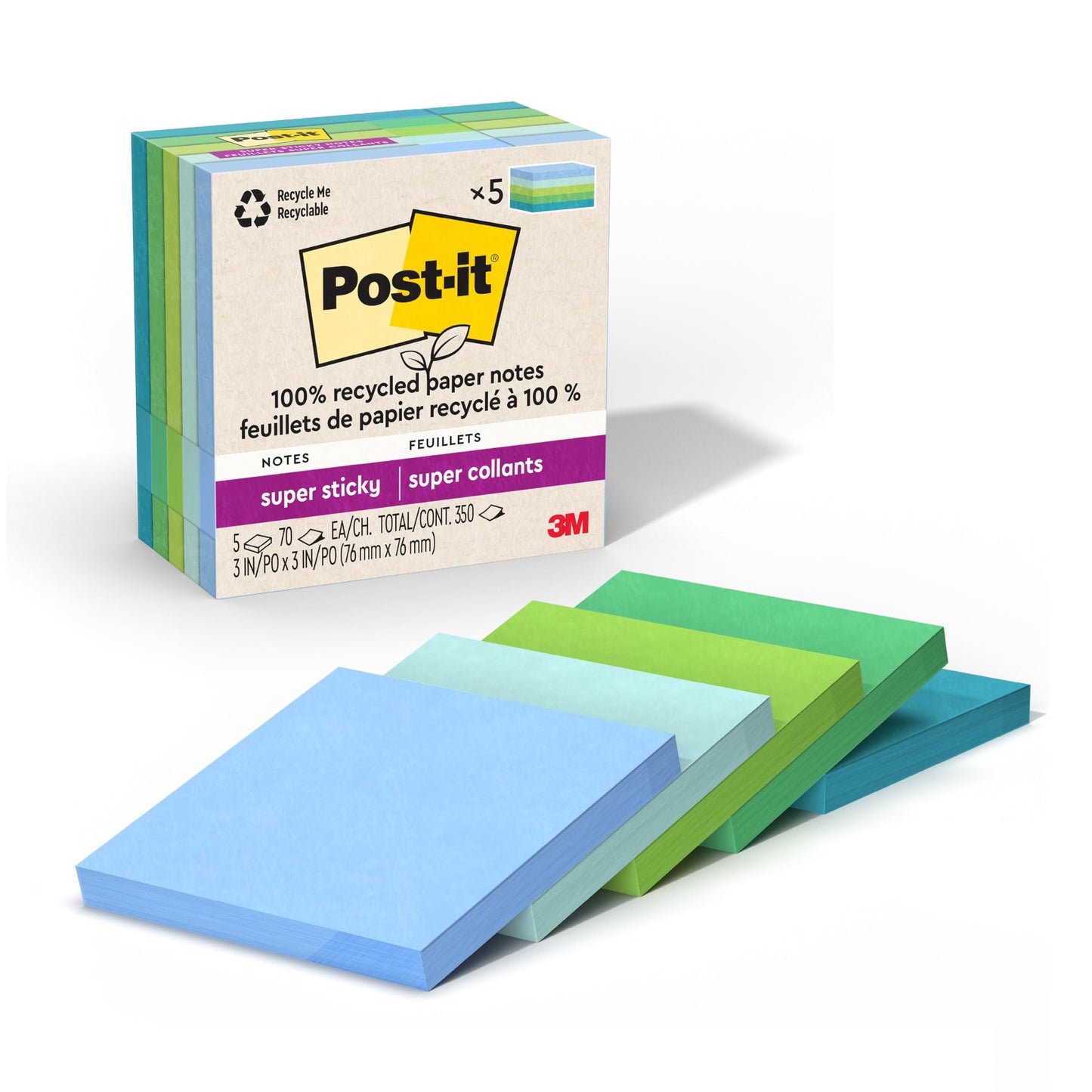 Post-it 100% Recycled Super Sticky Notes, 3 x 3 in, Pastels, 5 Pads | School Supplies and Office Products, 2X the Sticking Power