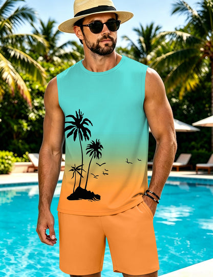 LecGee Men's 2 Piece Hawaiian Tank Tops Tropical Floral Beach Sleeveless Round neck T-shirt Casual Daily Beach Summer