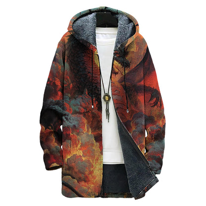 domirica Mens Hooded Cardigan Japanese Art Zip Up Long Sleeve Sweater Hoodie Dragon Print Coat with Pockets
