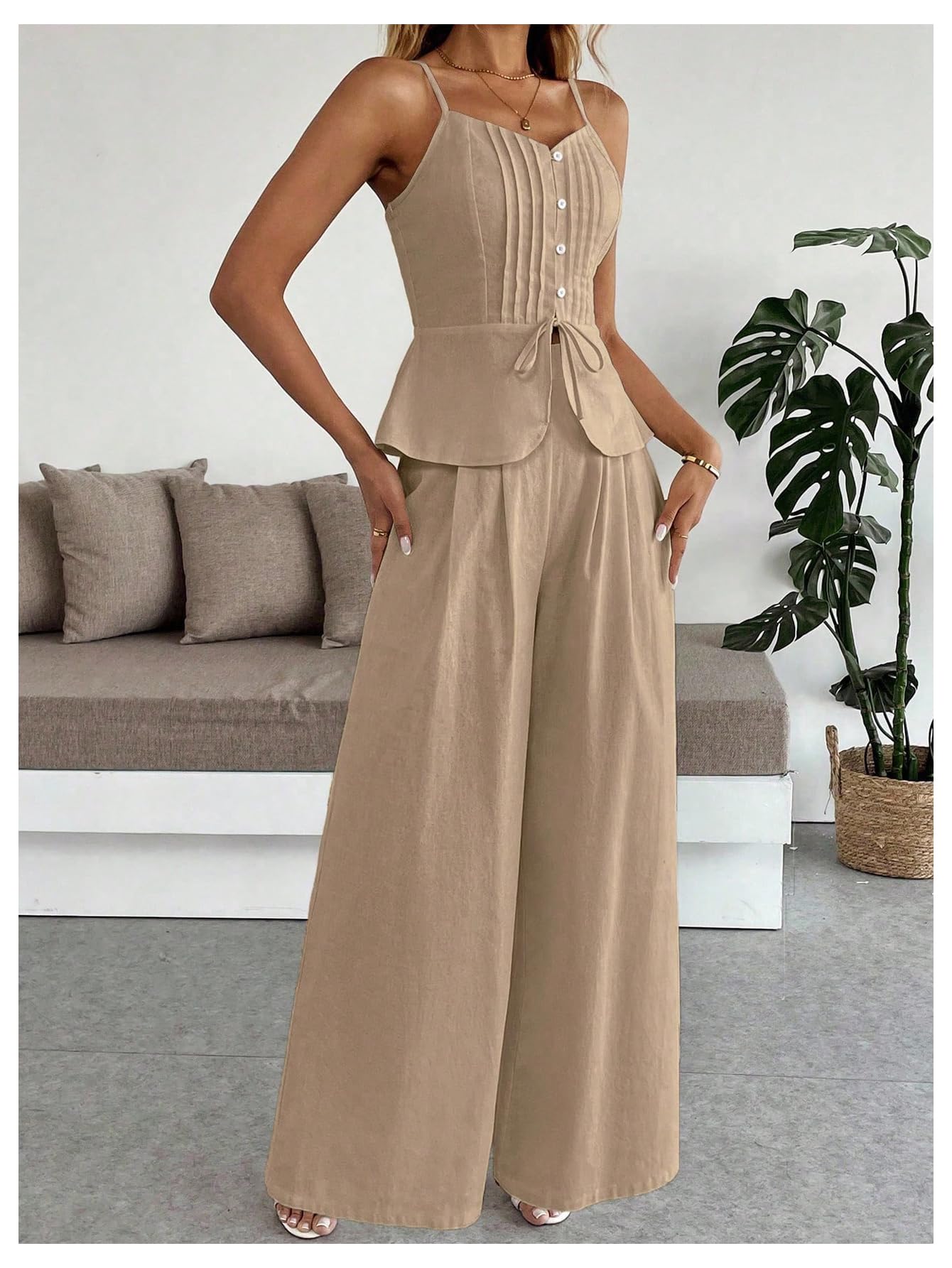 SOLY HUX Women's 2 Piece Summer Outfit Button Down Peplum Cami Top and Wide Leg Pants Set