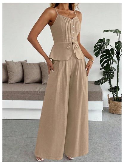 SOLY HUX Women's 2 Piece Summer Outfit Button Down Peplum Cami Top and Wide Leg Pants Set