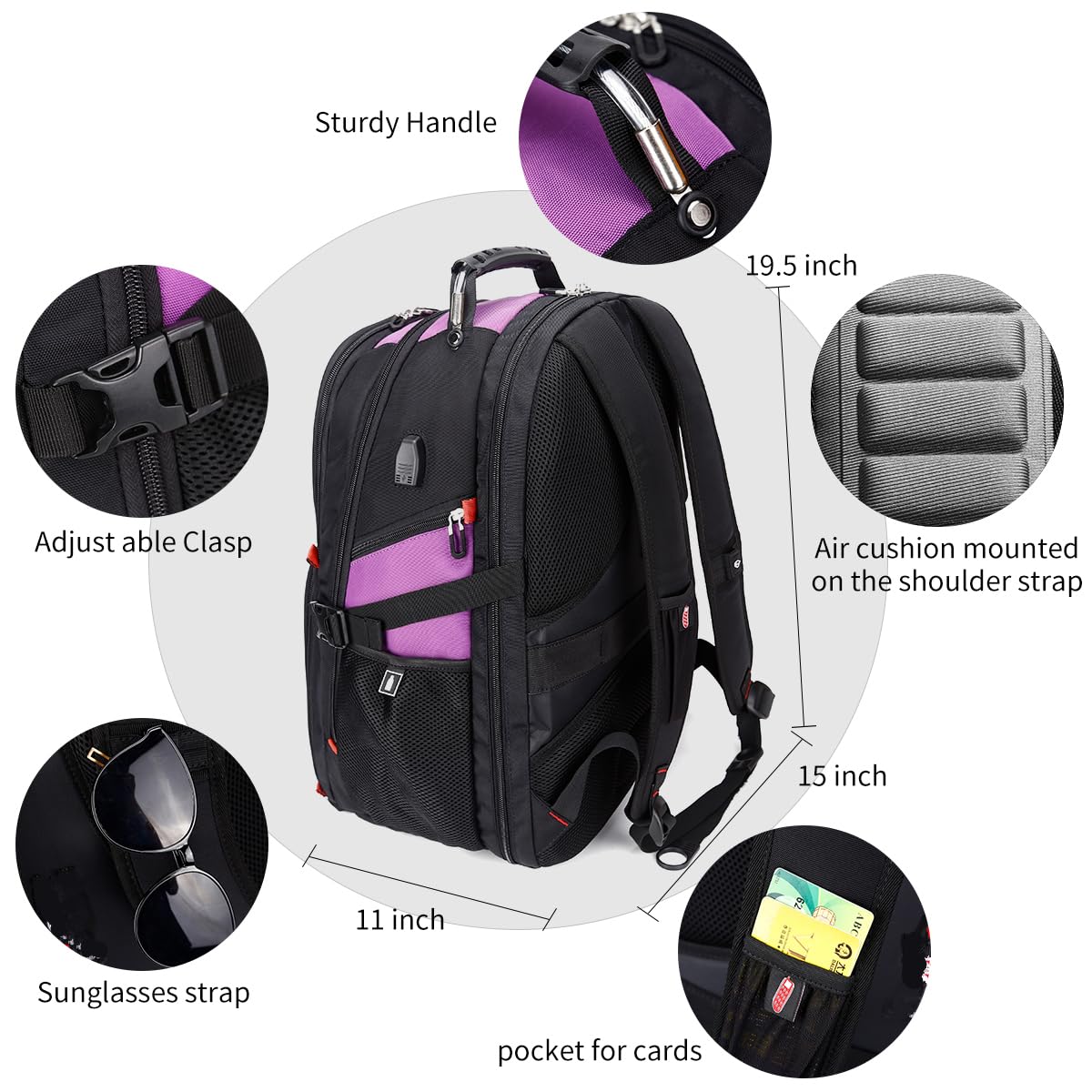 SHRRADOO Extra Large 50L Travel Laptop Backpack with combination lock,High School College Backpack Airline Approved Business Work Bag Fit 17 Inch Laptops for Men Women,Black