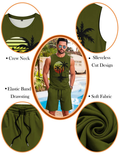 LecGee Men's 2 Piece Hawaiian Tank Tops Tropical Floral Beach Sleeveless Round neck T-shirt Casual Daily Beach Summer