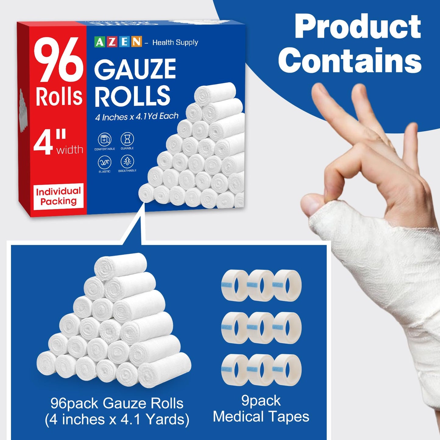 AZEN 25 Pack Gauze Rolls Bandages, 3 in x 4.1 Yards, Premium Medical Supplies & First Aid Supplies, Bandage Wrap Vet Wrap, Mummy Wraps