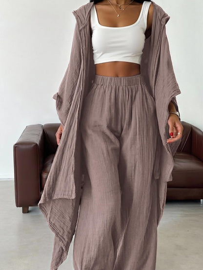 SOLY HUX Women's 2 Piece Linen Sets Hooded Kimono Cardigan High Waist Pants | Boho, Wide Leg, Elastic Waisted, Casual, Flowy, 2 Piece Outfits