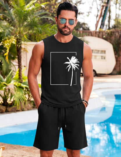 LecGee Men's 2 Piece Hawaiian Tank Tops Tropical Floral Beach Sleeveless Round neck T-shirt Casual Daily Beach Summer