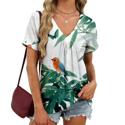 domirica Japanese Print Blouse Women V Neck Short Sleeve Lightweight Breathable Summer Casual Soft Comfy Tops 2026