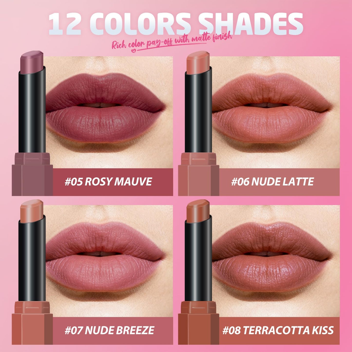 12Pcs Velvet Matte Lipstick Set, Nude to Dark Shades, Long-Lasting,Color A | Highly pigmented matte color, smooth creamy glide, waterproof wear, nude-to-dark tones, ideal for daily makeup or gifting