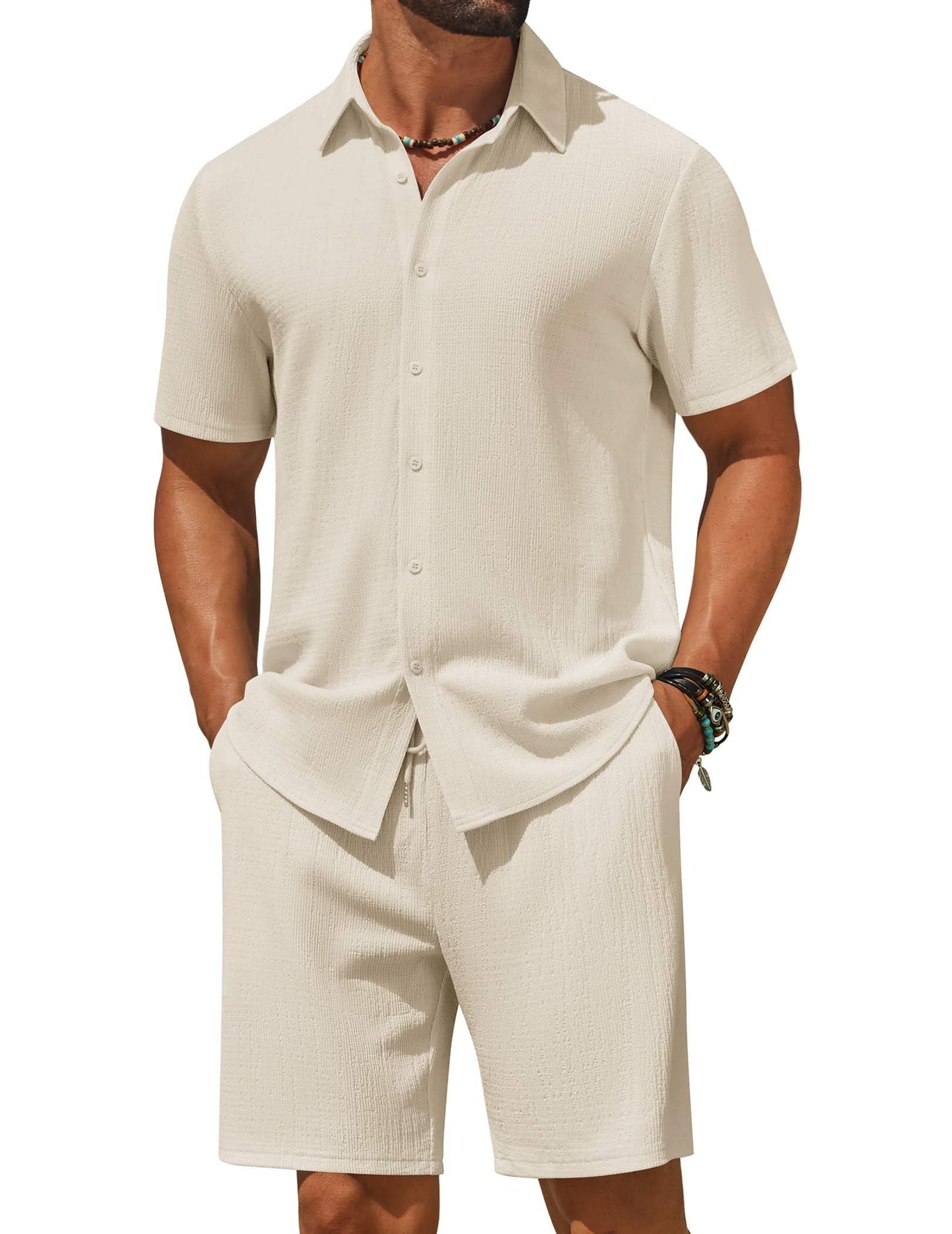COOFANDY Men's 2 Piece Outfit Casual Short Sleeve Button Down Shirt and Beach Shorts Set Summer Vacation Outfits for Men