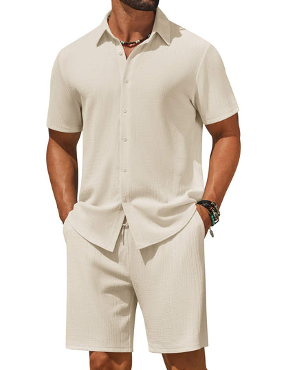 COOFANDY Men's 2 Piece Outfit Casual Short Sleeve Button Down Shirt and Beach Shorts Set Summer Vacation Outfits for Men