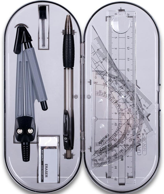 Math Geometry Kit Set 8 Pieces Student Supplies with Shatterproof Storage Box & Reusable Pouch,Includes Rulers,Protractor,Compass,Pencil,Eraser.for Students and Engineering Drawings