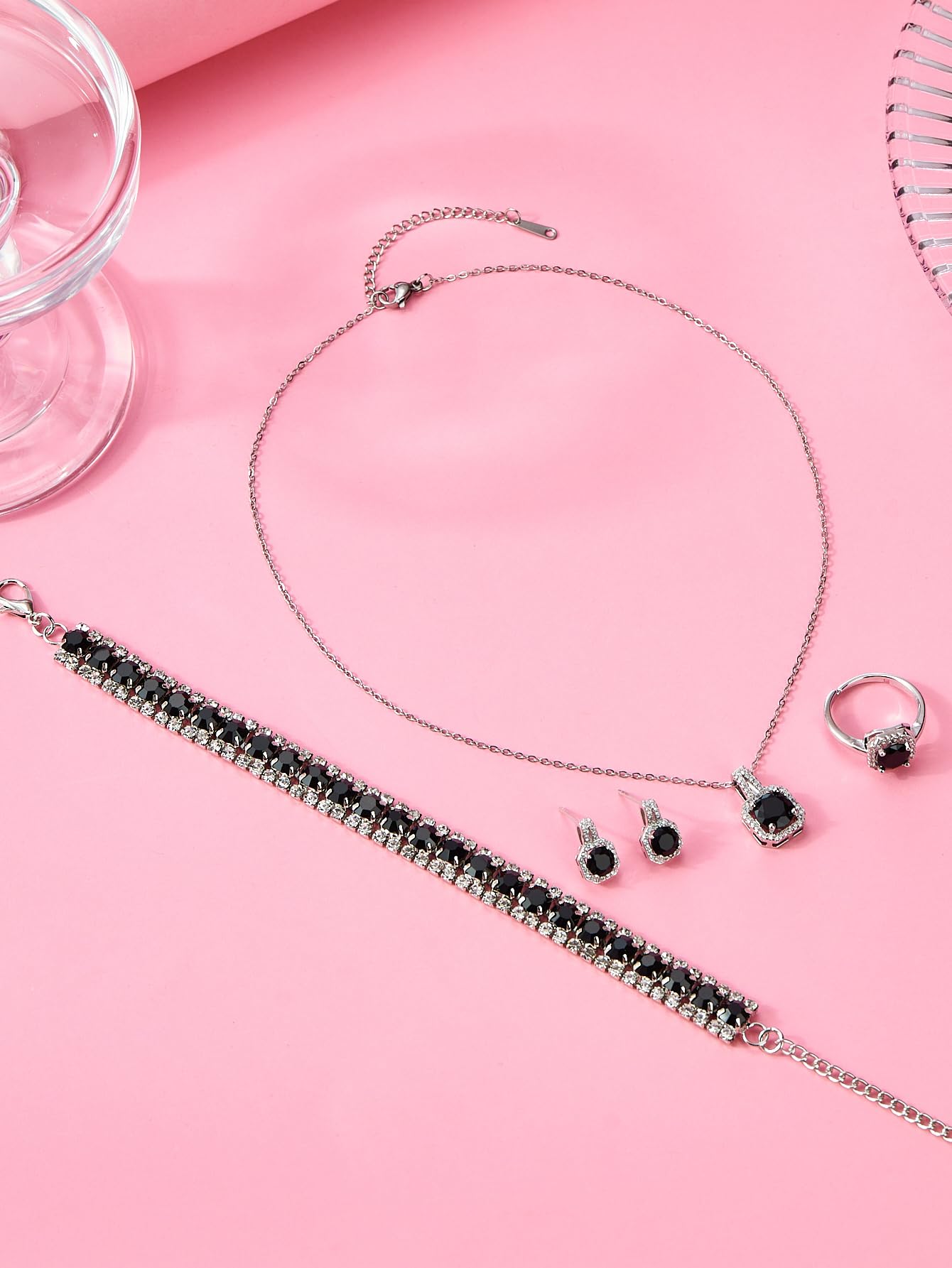 Paxuan 4pcs Cubic Zirconia Wedding Jewelry Sets for Bride Bridesmaid Cubic Zirconia Pendant Necklace Earrings Link Tennis Bracelet Open Ring Set for Women