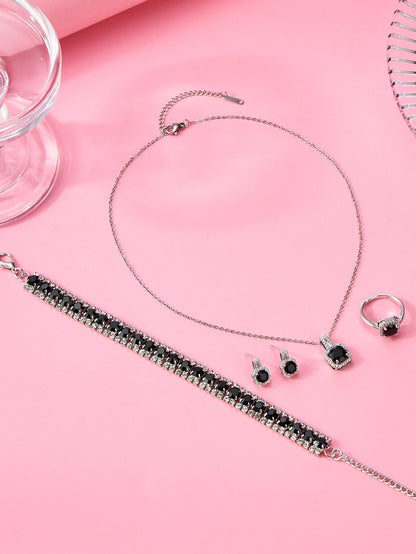 Paxuan 4pcs Cubic Zirconia Wedding Jewelry Sets for Bride Bridesmaid Cubic Zirconia Pendant Necklace Earrings Link Tennis Bracelet Open Ring Set for Women