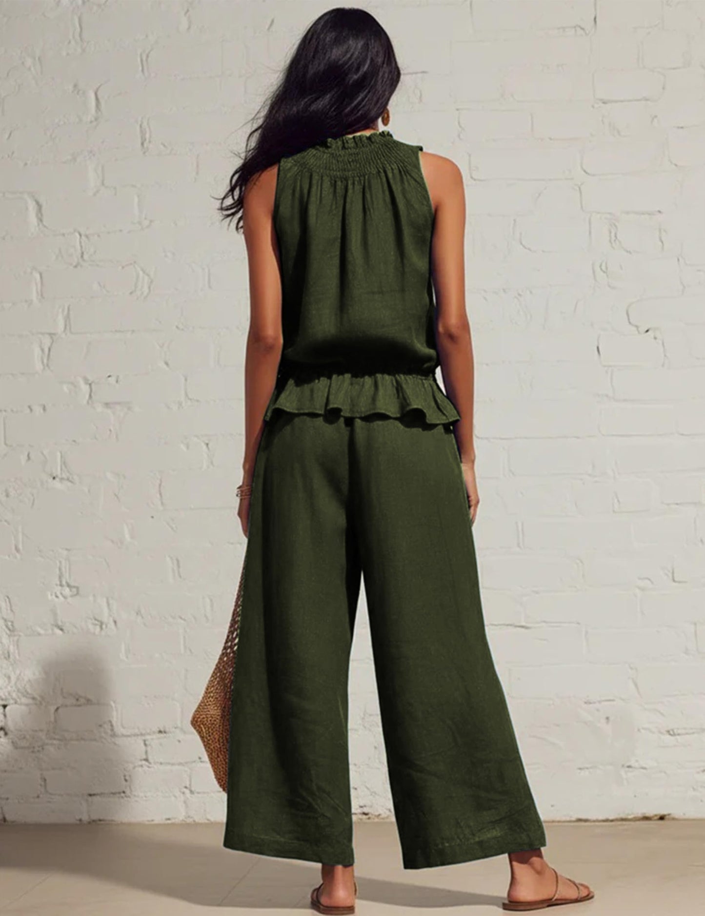 Tanming Women's Linen 2 Piece Outfits Sleeveless Ruffle Top Wide Leg Pants Summer Loungewear Beach Travel Sets