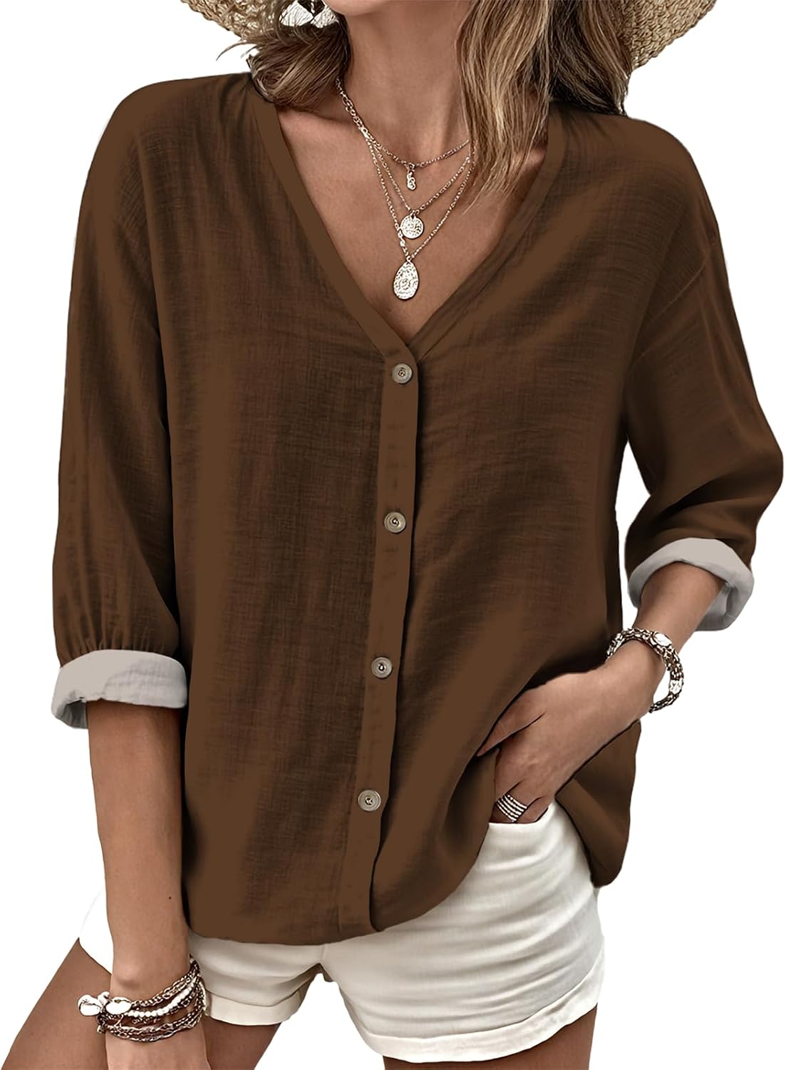 MARSVOVO V Neck Shirts for Women Lightweight Decorative Button 3/4 Sleeve Blouses Comfy Casual Business Flowy Top
