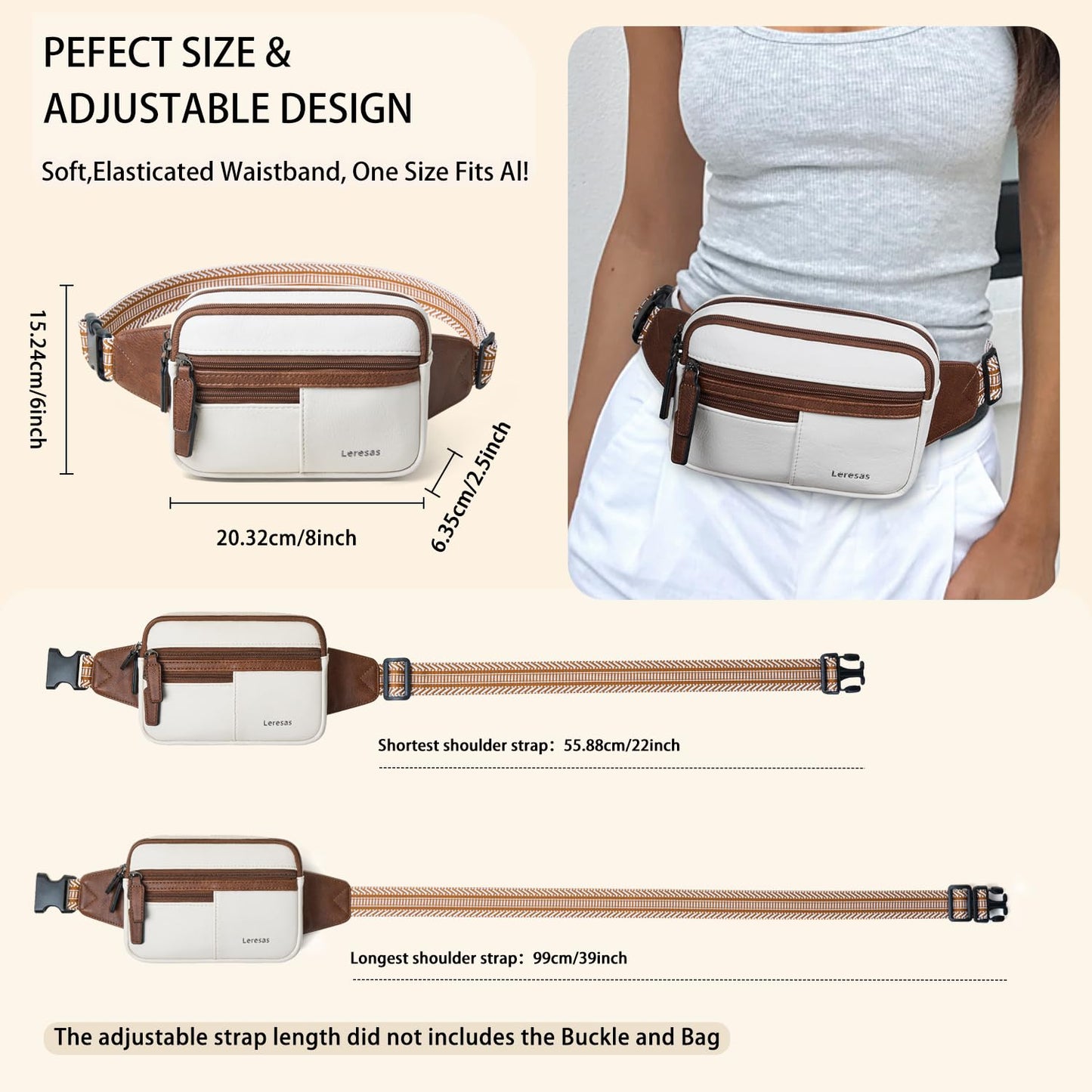 Leresas Fanny Packs for Women Vegan Leather Belt Bag Chic Cross Body Waist Pack Waist Purse for Travel Hiking Running Brown