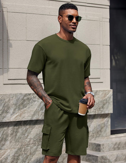 COOFANDY Men's Shirt and Shorts Set 2 Piece Fashion Summer Tracksuits Cotton Oversized T-Shirts Cargo Shorts Outfits