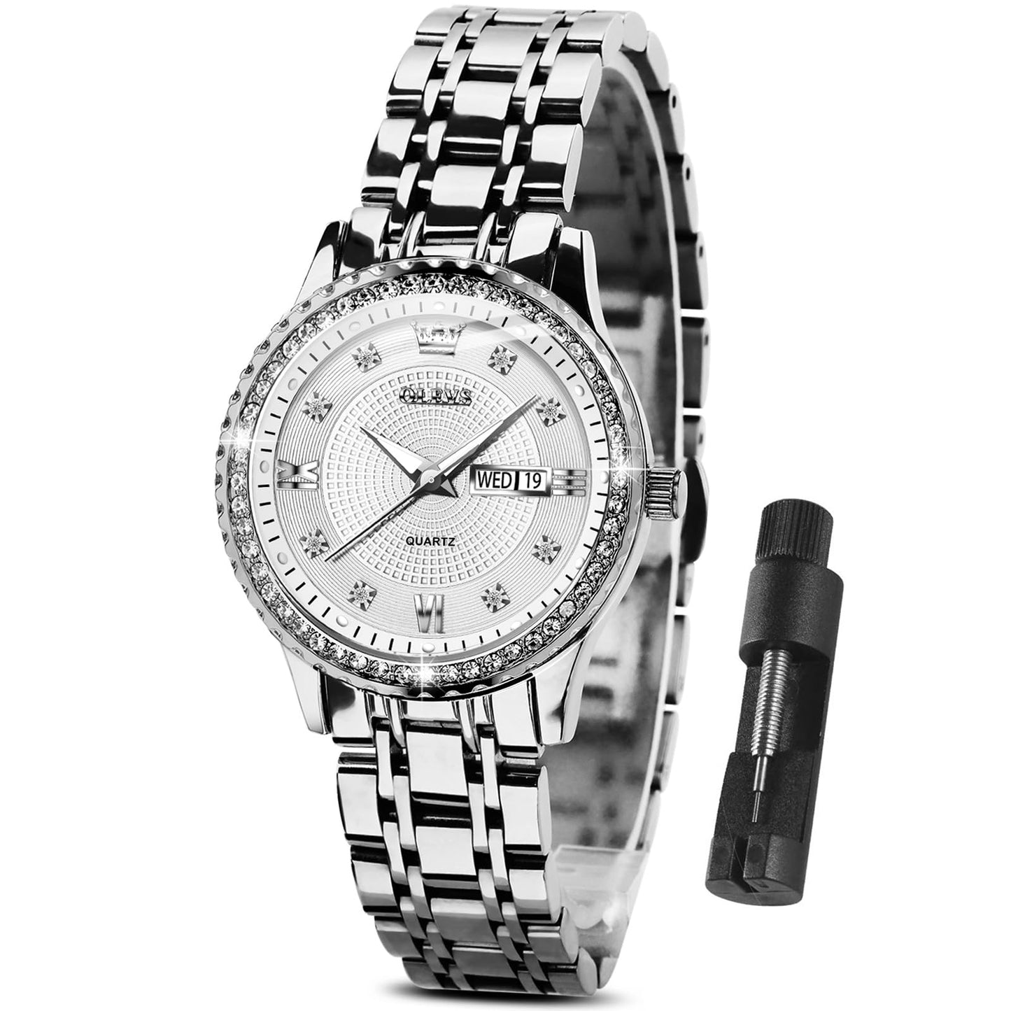 OLEVS Watches Women with Date Silver Stainless Steel Luxury Ladies Watches with Small Writs Diamond Watches for Women Waterproof Elegant Dress Quartz Analog Women's Wrist Watches Reloj de Mujer