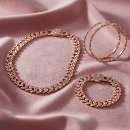 Batiyeer 3 Pcs Cuban Link Chain Necklace Bracelet Rhinestone Hoop Earrings Bling Crystal Hip Hop Jewelry for Women(18 Inch,Gold)