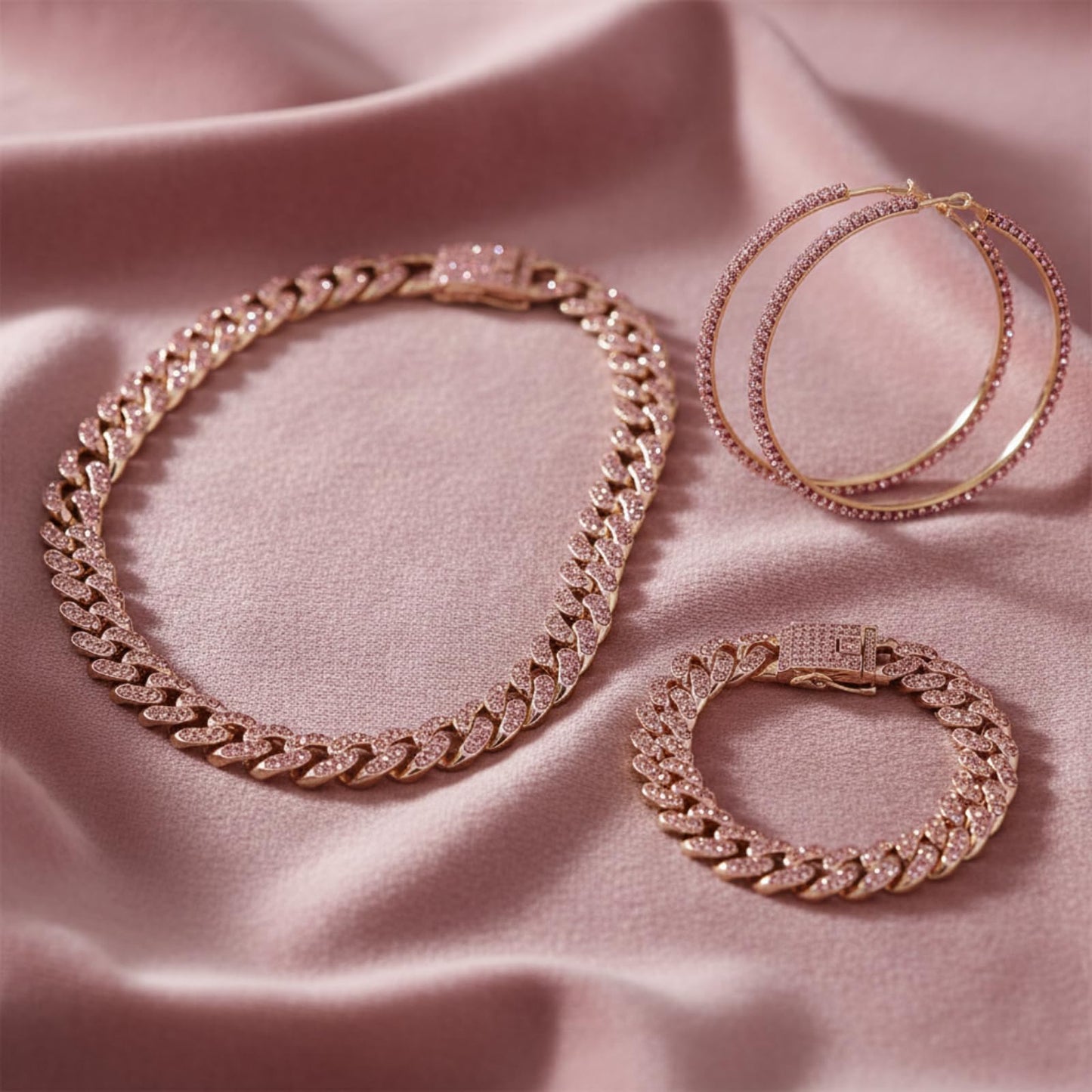 Batiyeer 3 Pcs Cuban Link Chain Necklace Bracelet Rhinestone Hoop Earrings Bling Crystal Hip Hop Jewelry for Women(18 Inch,Gold)