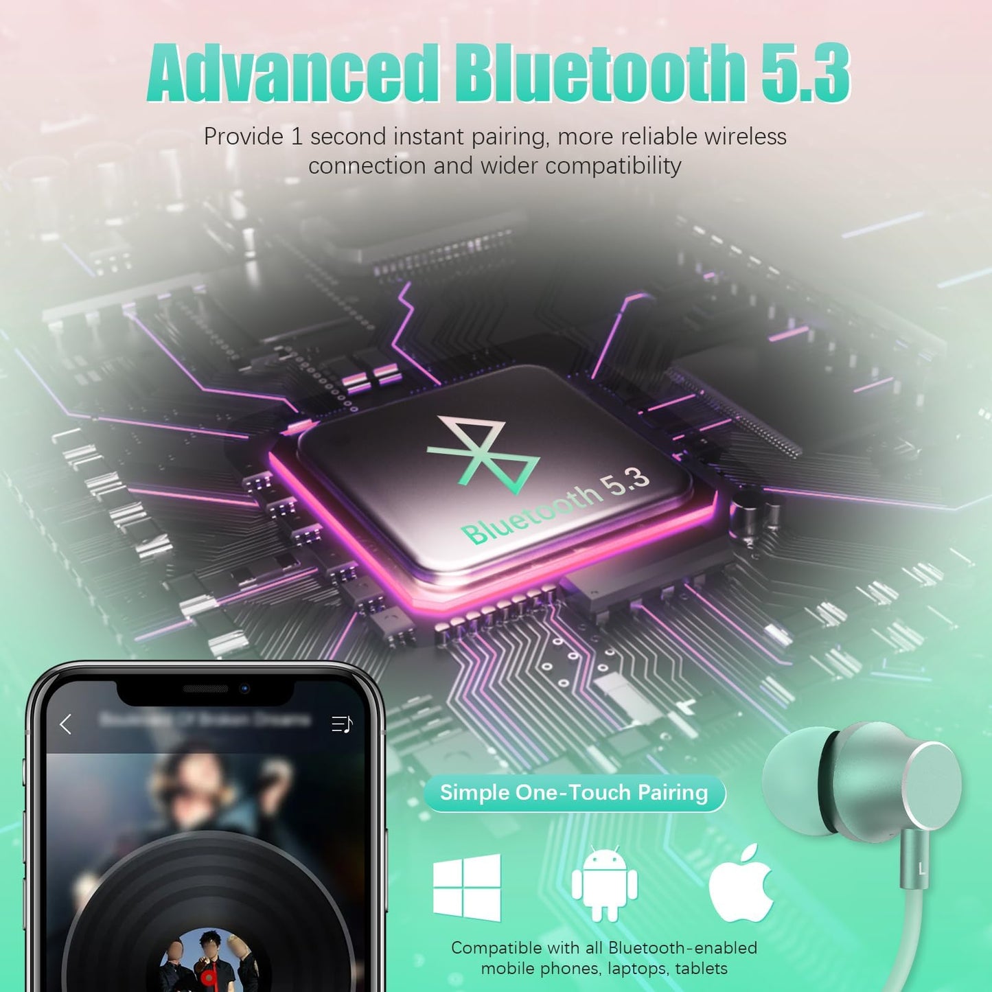 Lecefty Neckband Bluetooth Headphones, 200H Extra Long Playtime Wireless Stereo Neckband Earbuds with Microphone, Waterproof Balanced Armature Drivers in Ear Headset for Sports/Workout (Cyan Green)