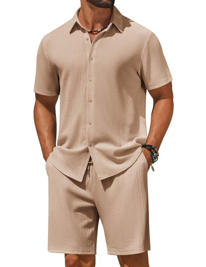 COOFANDY Men's 2 Piece Outfit Casual Short Sleeve Button Down Shirt and Beach Shorts Set Summer Vacation Outfits for Men