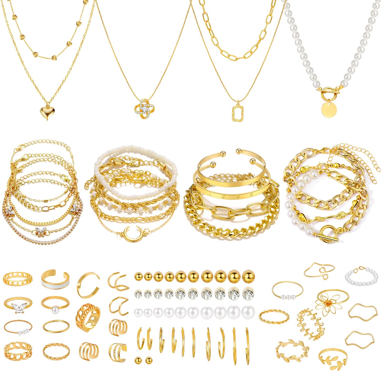 NEWITIN 69 Pieces Gold Jewelry Set for Women Fashion Costume Jewelry Gold Plated Necklace Bracelet Earrings Set for Women