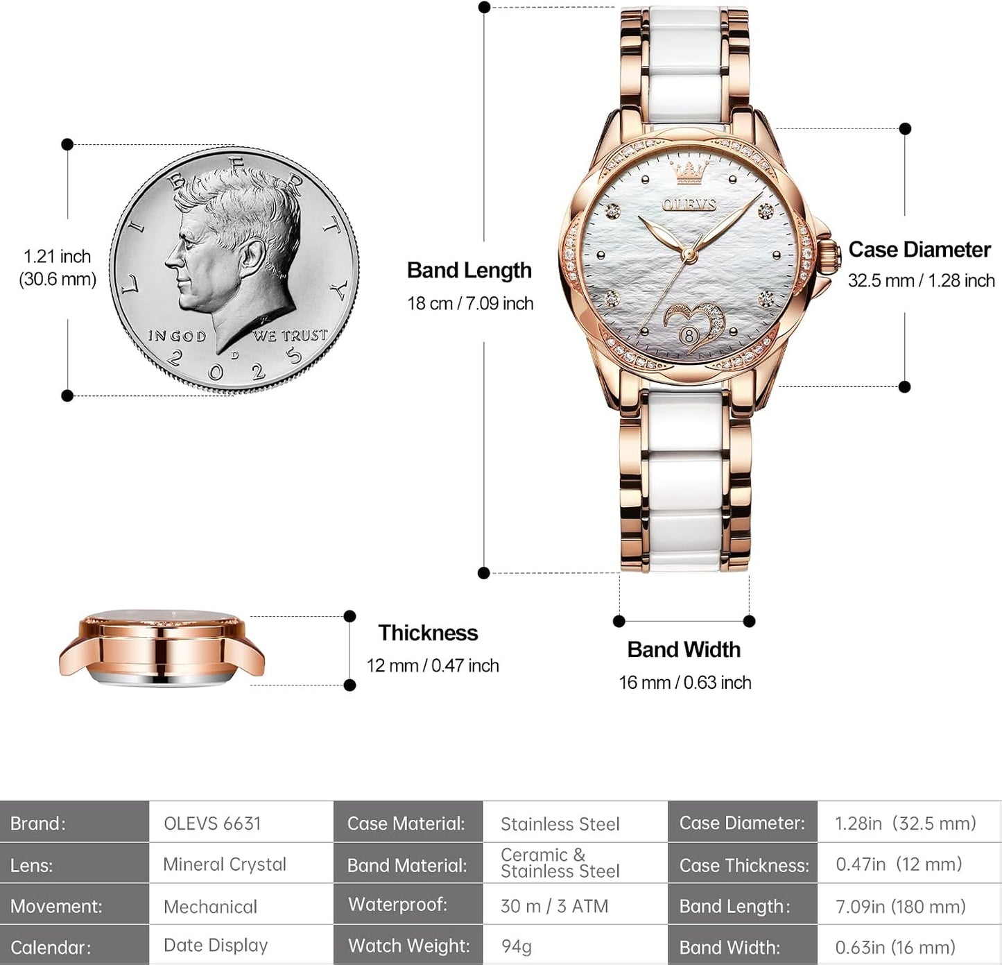 OLEVS Womens Automatic Watch, Premium Large Face Diamond Accented Self Winding Watches for Women, Fashion Waterproof Ladies Dress Watch, Two Tone Stainless Steel Ceramic Bracelet