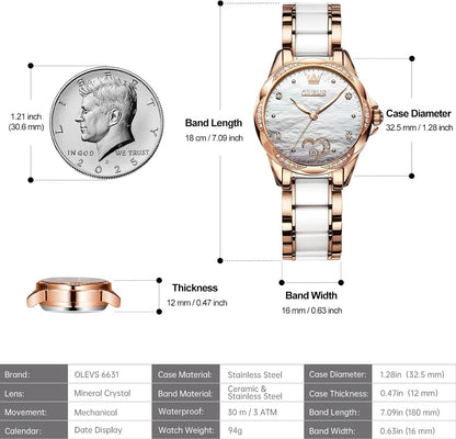 OLEVS Womens Automatic Watch, Premium Large Face Diamond Accented Self Winding Watches for Women, Fashion Waterproof Ladies Dress Watch, Two Tone Stainless Steel Ceramic Bracelet