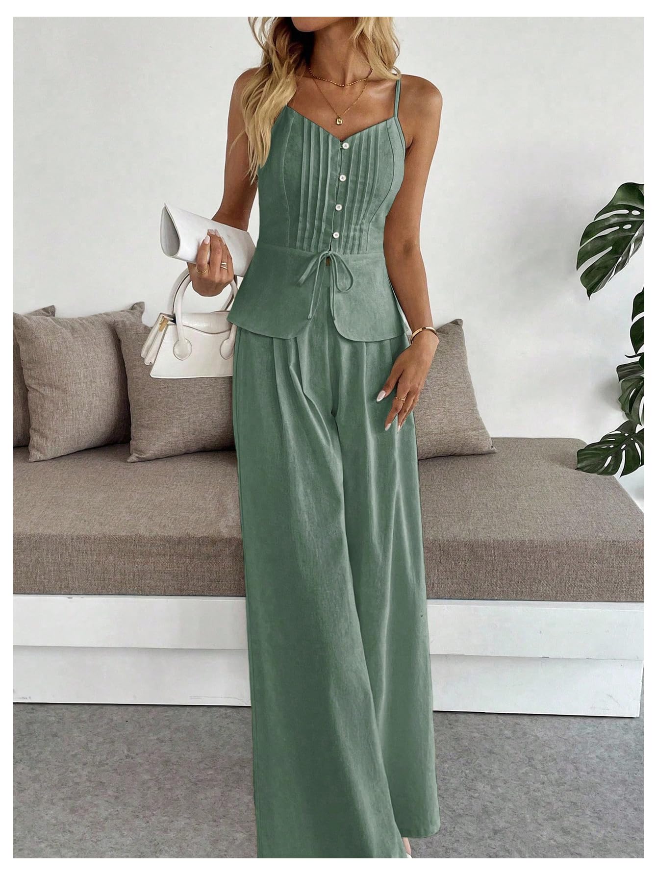 SOLY HUX Women's 2 Piece Summer Outfit Button Down Peplum Cami Top and Wide Leg Pants Set