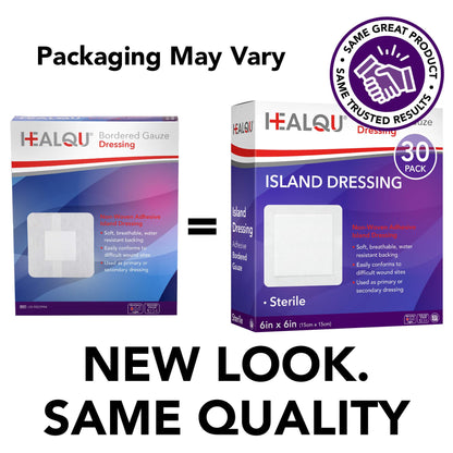 HEALQU Island Dressing - 4"x4", 30 Count - Bordered Gauze Sterile Individually Wrapped Gauze Pads, Water-Resistant, Non-Woven Backing - Soft and Breathable Wound Dressing for First Aid and Medical | Water-Resistant, Latex-Free, High Absorbent, Adhesive Bo