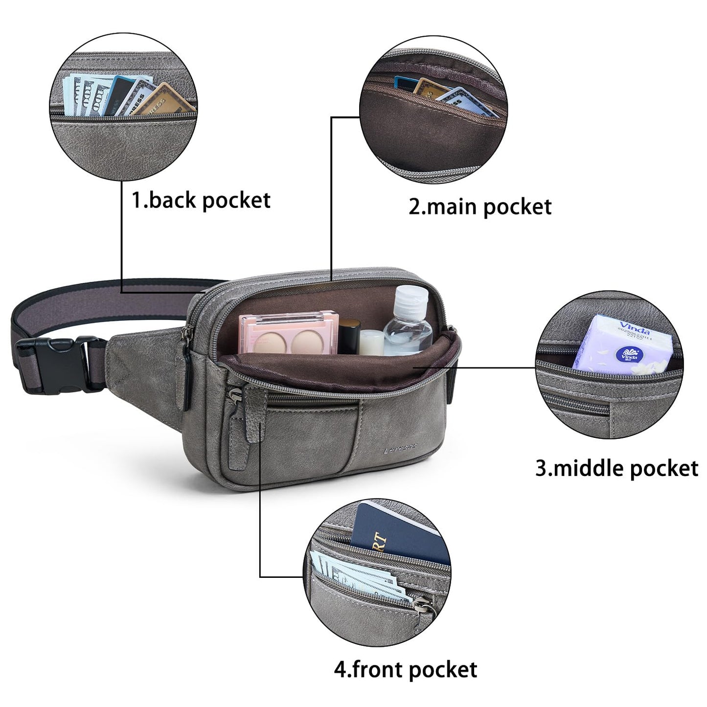Leresas Fanny Packs for Women Vegan Leather Belt Bag Chic Cross Body Waist Pack Waist Purse for Travel Hiking Running Brown