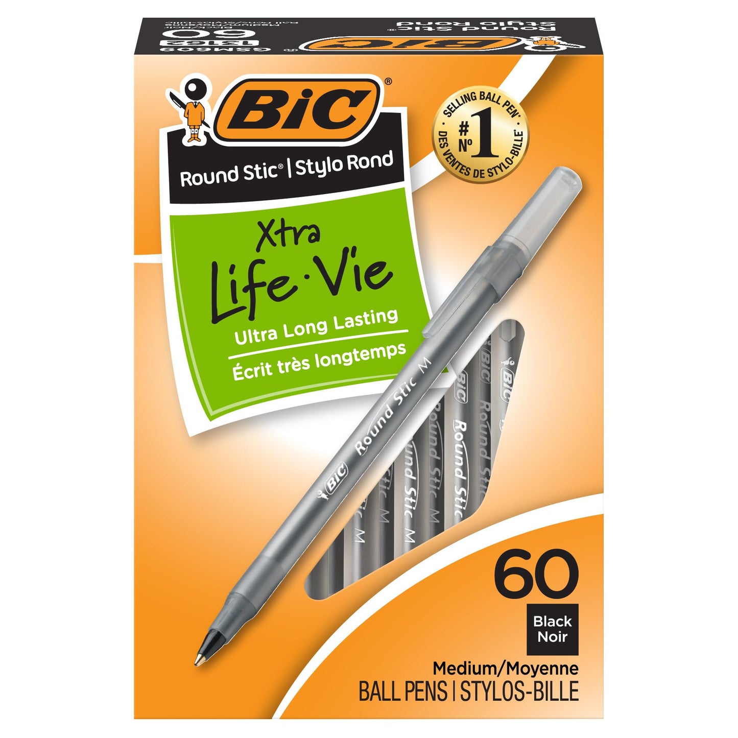 BIC Round Stic Xtra Life Assorted Ink Ballpoint Pens, Medium Point (1.0mm), 60-Count Pack of Bulk Pens, Flexible Round Barrel for Comfortable Writing, No. 1 Selling Ballpoint Pens