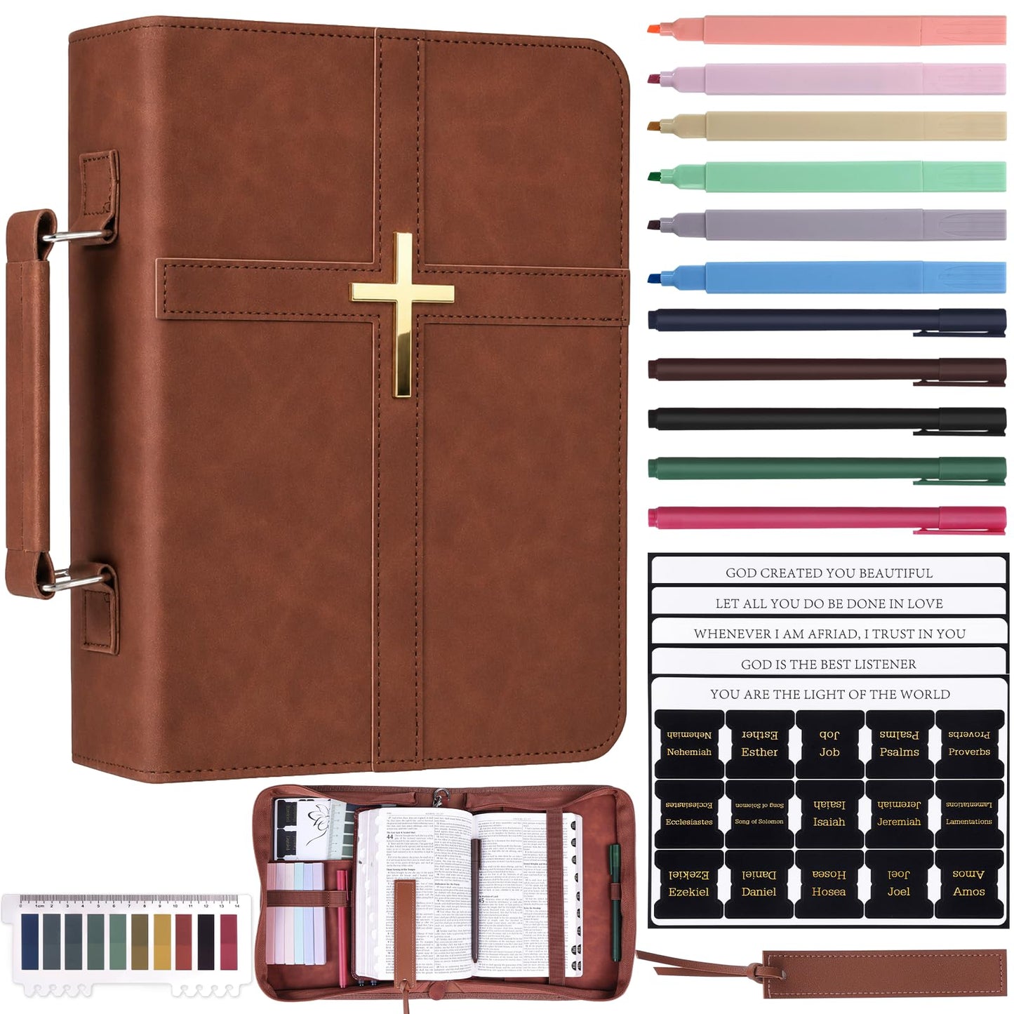 XKDOUS 20 Pcs Bible Case Set with Tabs, Pens, Study Supplies Carrier Holder Portable Men's Bible Bag Church Book Leather Cover Father Day Christian Gift for Dad, Mom, Men, Women