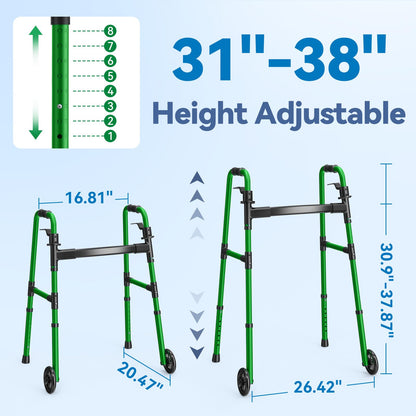 Loyoda Folding Walker with 2 Skis and 5" Wheels, Lightweight Walkers for Seniors and Adults, Supports Up to 350 Pounds, Adjustable Height, Compact Standard Walker, Black