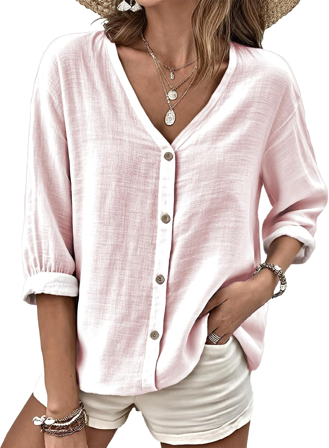 MARSVOVO V Neck Shirts for Women Lightweight Decorative Button 3/4 Sleeve Blouses Comfy Casual Business Flowy Top