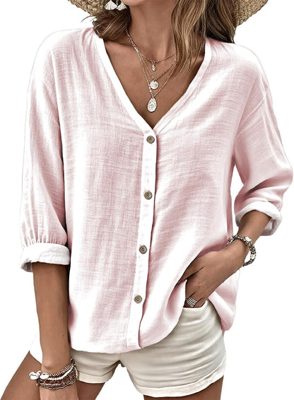 MARSVOVO V Neck Shirts for Women Lightweight Decorative Button 3/4 Sleeve Blouses Comfy Casual Business Flowy Top