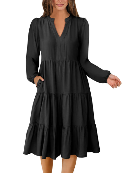ANRABESS Womens V Neck Long Sleeve Midi Dress | Swing Flowy Tiered with Pockets, Soft Fabric, Boho Beach Vacation Dresses, Loose Fit Casual, Fall Winter Transition Clothes